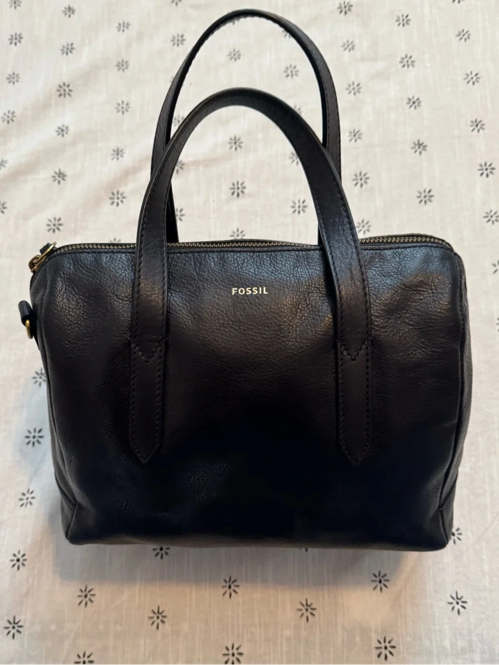 Fossil Black Pebbled Leather Satchel Purse Bowler Tote Zip Top Gold Hardware